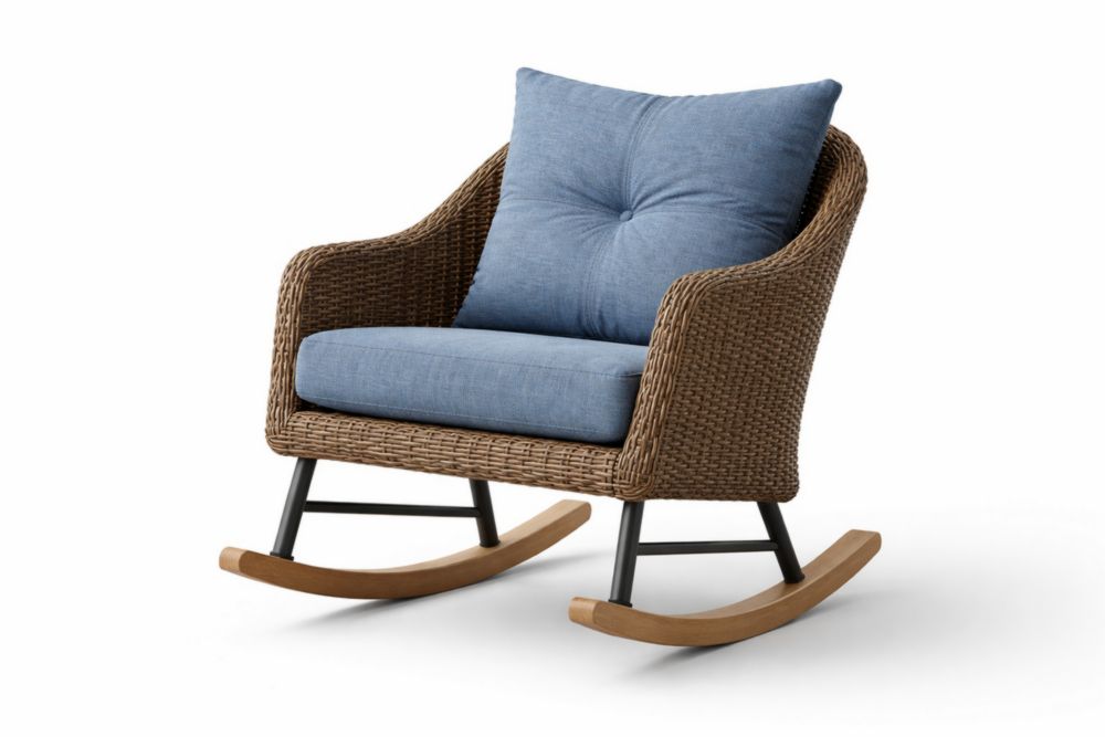 Sedia a Dondolo da Giardino in Rattan con Cuscino in Poliestere Blu