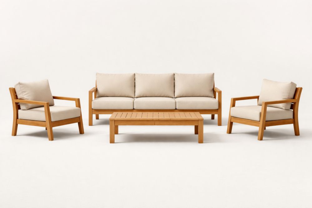 Set di divani da giardino in legno massello con cuscini in poliestere color beige