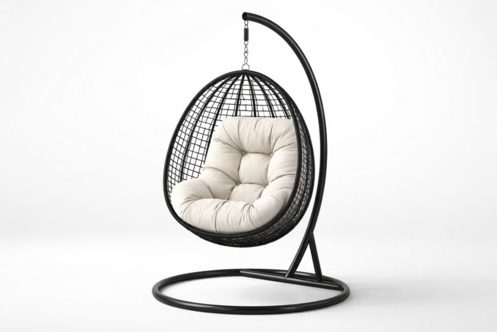 Sedia a Sospensione in Acciaio e Rattan con Cuscino Beige