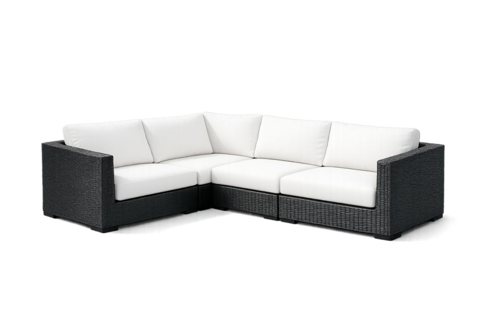 Divano Angolare da Esterno in Rattan Sintetico Nero con Cuscini Bianchi