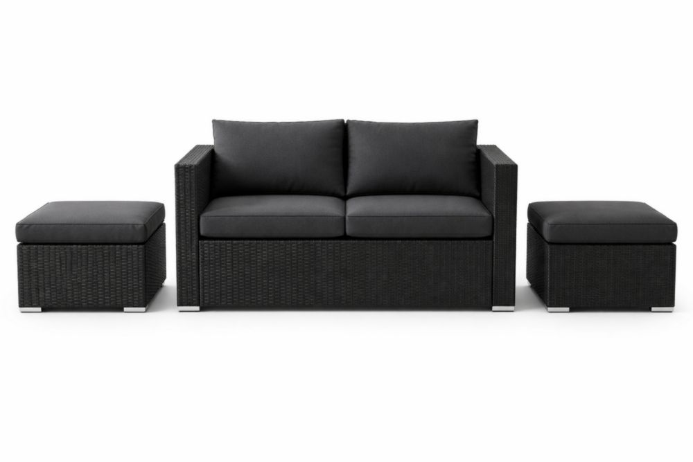 Set Divano 2 Posti da Giardino in Rattan Nero con Due Pouf e Cuscini in Poliestere