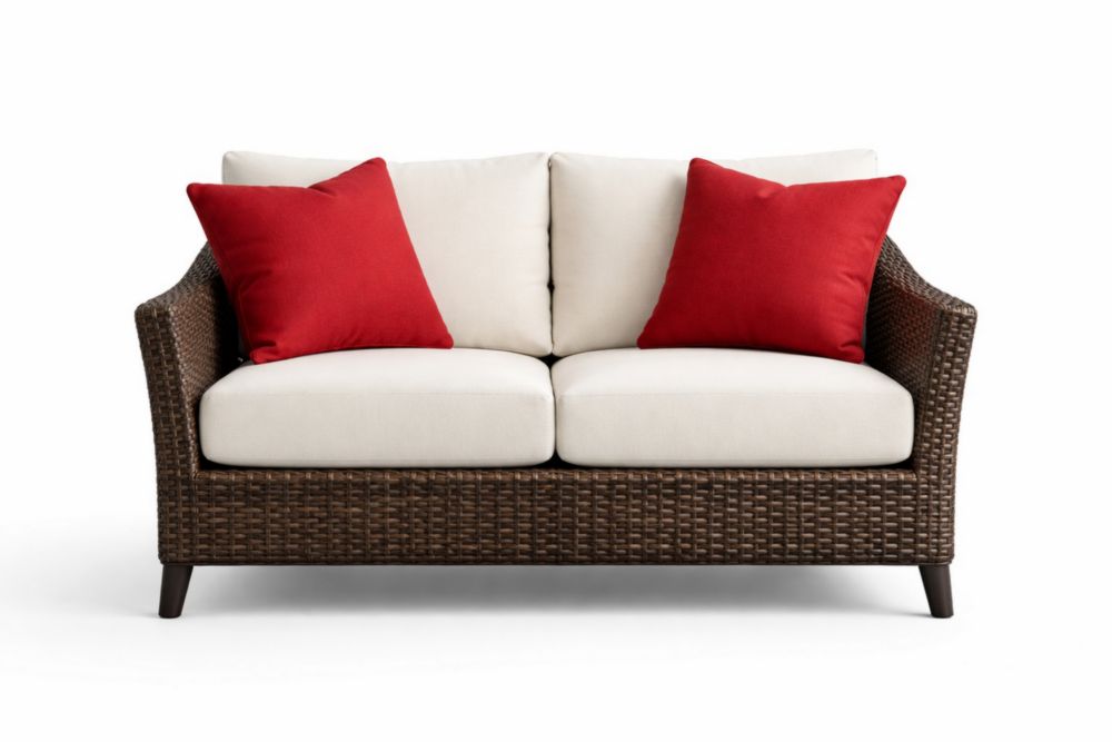 Divano a Due Posti da Esterno in Rattan con Cuscini Crema e Rossi