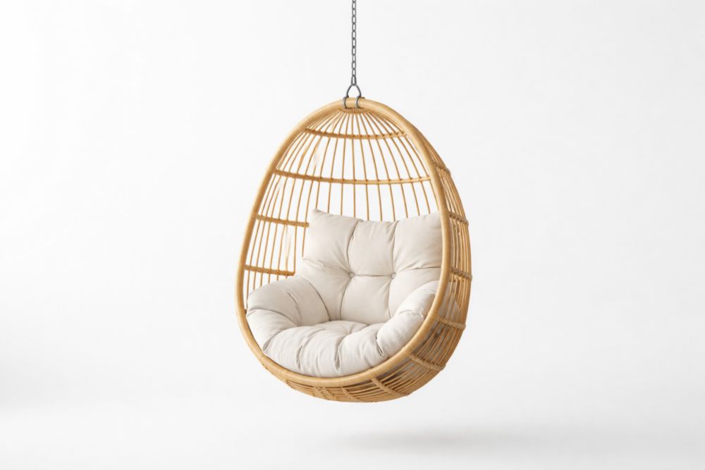 Sedia Sospesa in Rattan con Cuscino Imbottito Crema