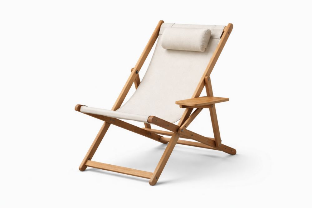 Sedia Sdraio Pieghevole da Esterno in Legno di Teak con Tessuto Poliestere Beige