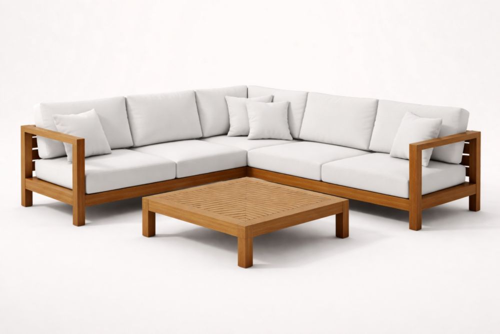 Divano Angolare da Giardino in Legno Massello e Tessuto Poliestere Bianco con Tavolino