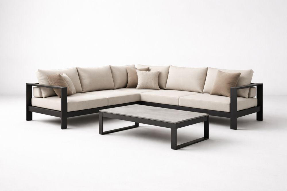 Divano Angolare da Giardino Nero in Alluminio con Cuscini Beige in Poliestere e Tavolino Rettangolare