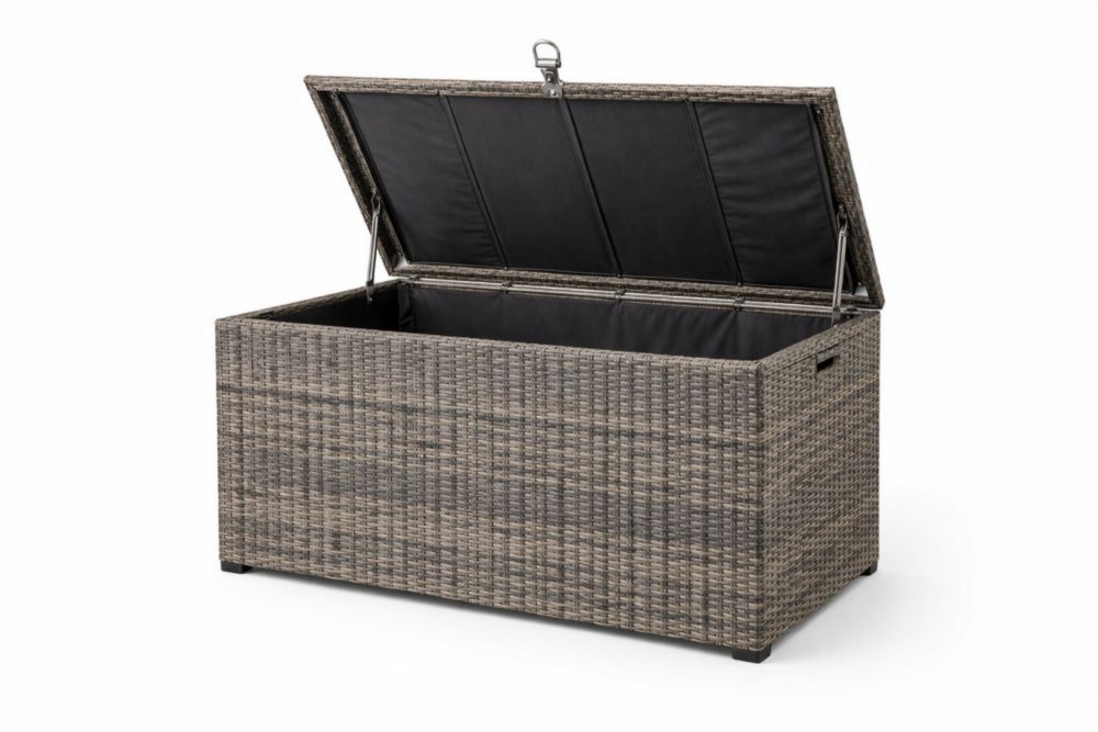 Baule Contenitore da Esterno in Rattan Sintetico Grigio con Interno Impermeabile