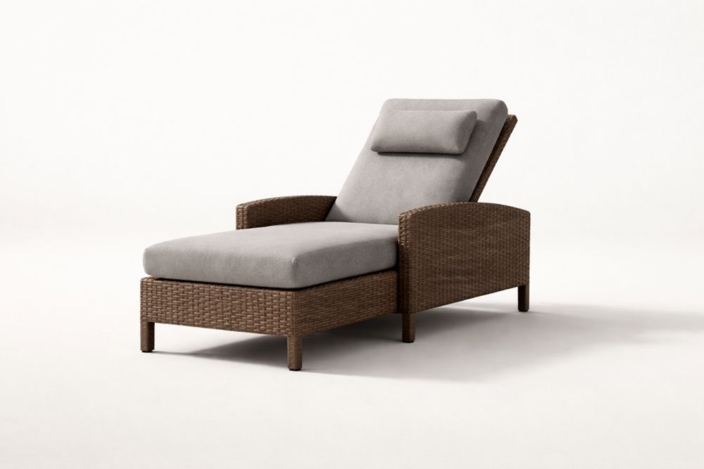 Sdraio Regolabile da Esterno in Rattan Marrone con Cuscini Grigi