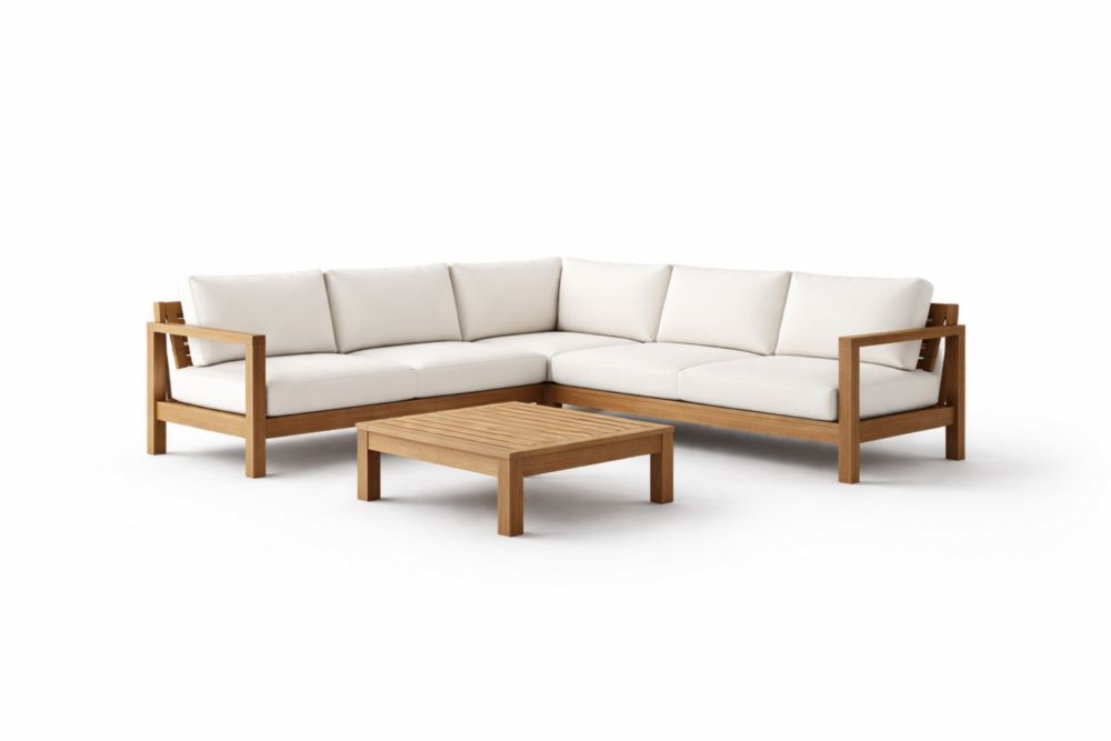 Set Divano Angolare da Giardino in Legno Massello con Cuscini in Poliestere Bianco