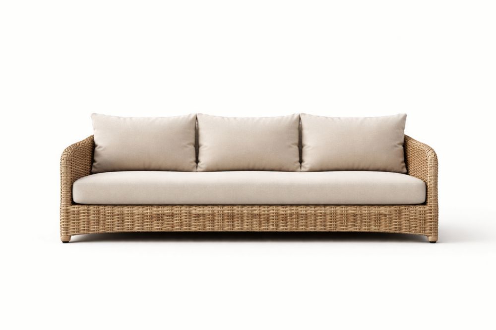 Divano 3 Posti da Esterno in Rattan Sintetico con Cuscini in Poliestere Beige