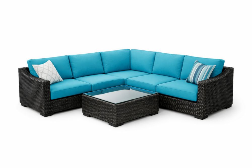 Divano Angolare da Giardino in Rattan Sintetico con Cuscini Blu e Tavolino in Vetro Temperato