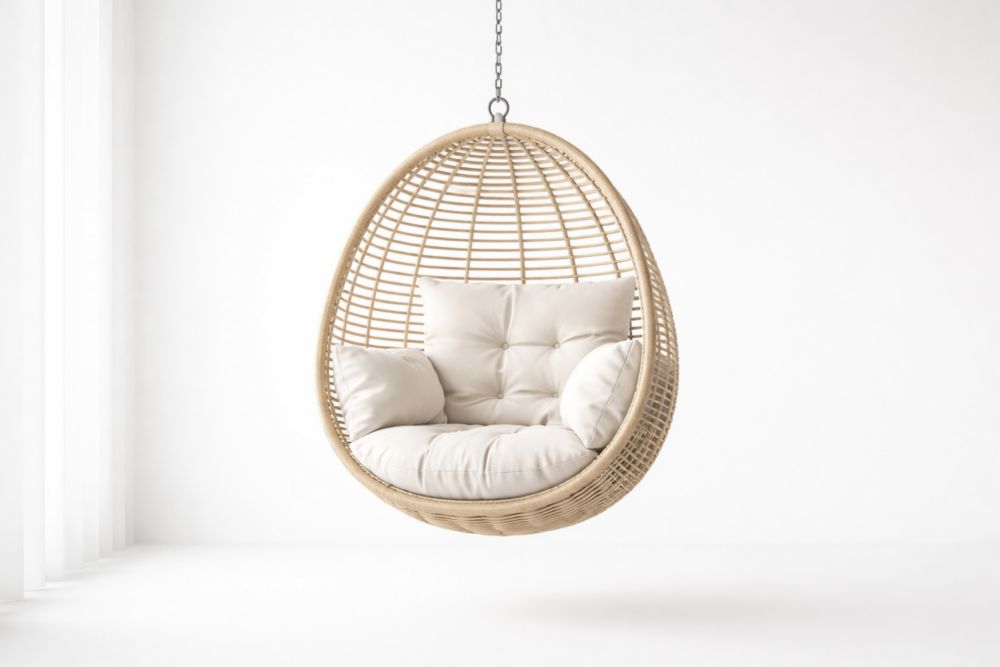 Sedia sospesa in rattan con cuscino bianco