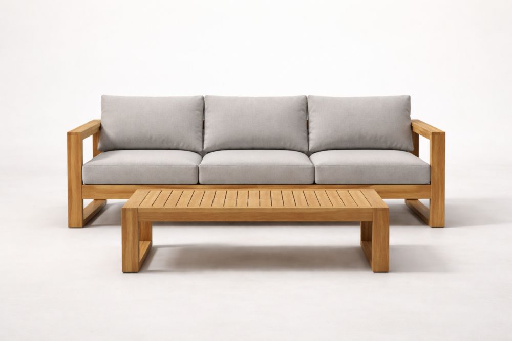 Set Divano da Giardino e Tavolino in Legno Teak e Tessuto Poliestere Grigio 3 Posti