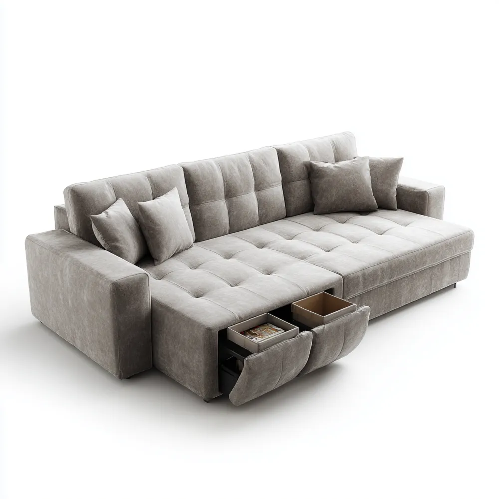 Canapé d'angle convertible 245x150x90 cm en tissu – Gris – Design moderne avec rangement