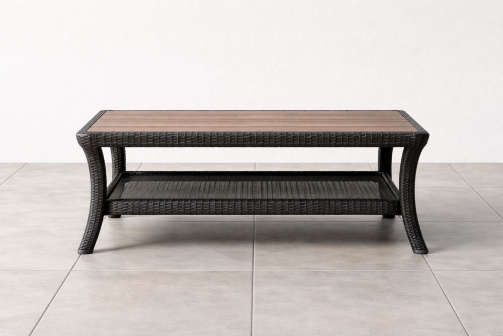 Tavolino da caffè da esterno in Rattan Sintetico Nero con Piano in legno massello