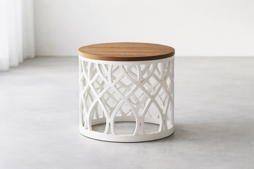 Tavolino Rotondo in Alluminio e Legno Massiccio