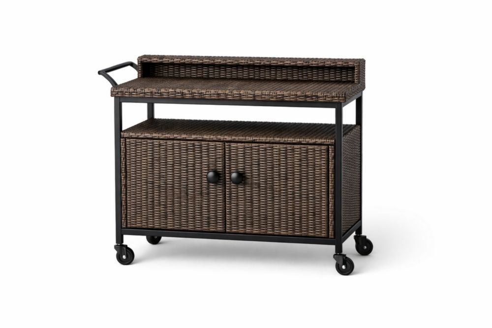 Carrello da Cucina in Rattan Sintetico con Struttura in Acciaio Nero 120x50x90 cm