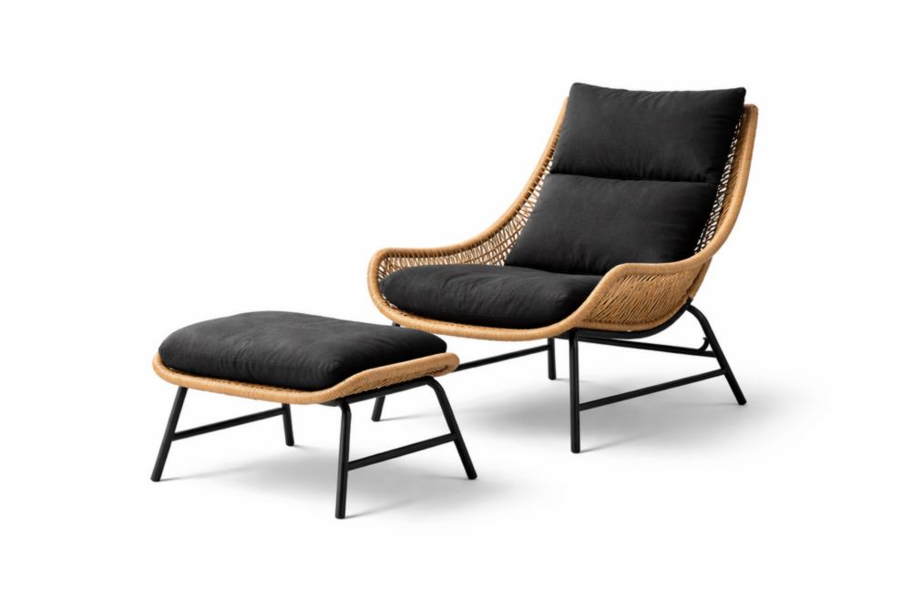 Poltrona e Poggiapiedi in Alluminio e Rattan con Cuscini Neri