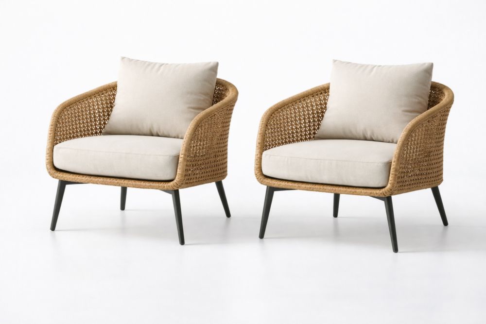 Set di 2 Poltrone in Vimini e Alluminio Beige Nero