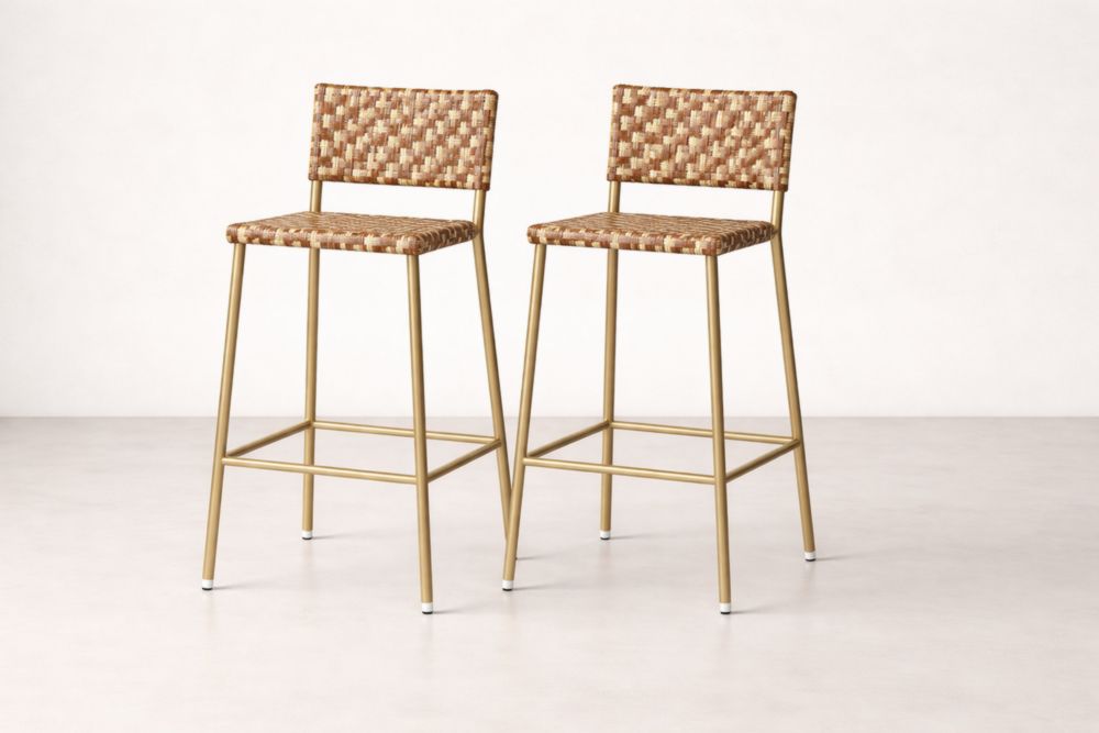 Set di sgabelli in alluminio con seduta intrecciata beige e marrone