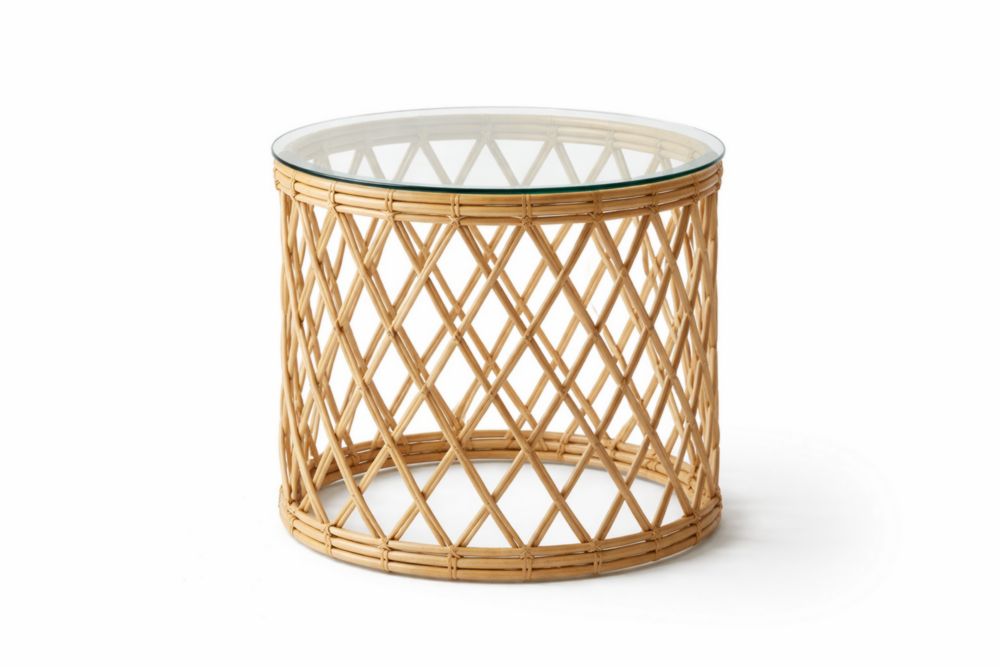 Tavolino rotondo in vetro temperato e rattan naturale