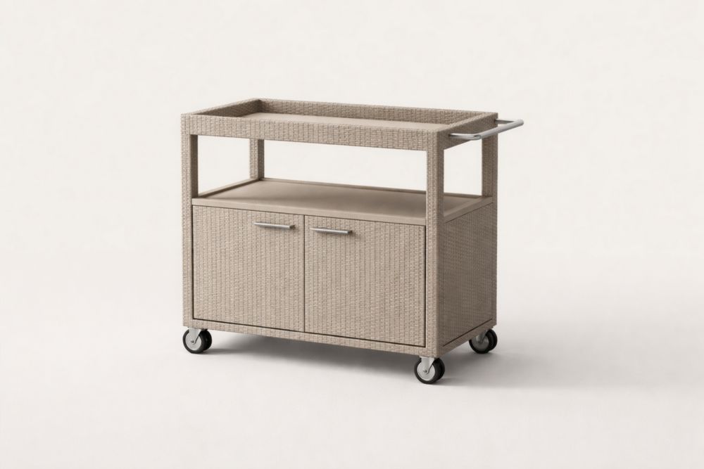 Carrello in Rattan Sintetico Beige con Ante e Ruote