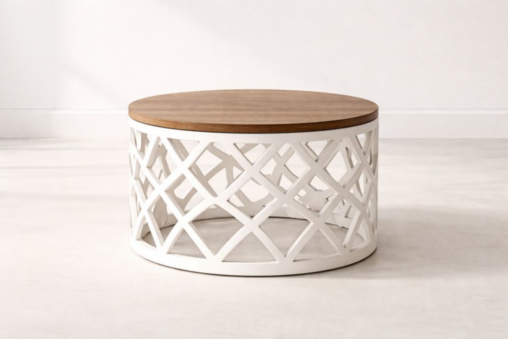 Tavolino Rotondo in Legno massello e Alluminio Bianco