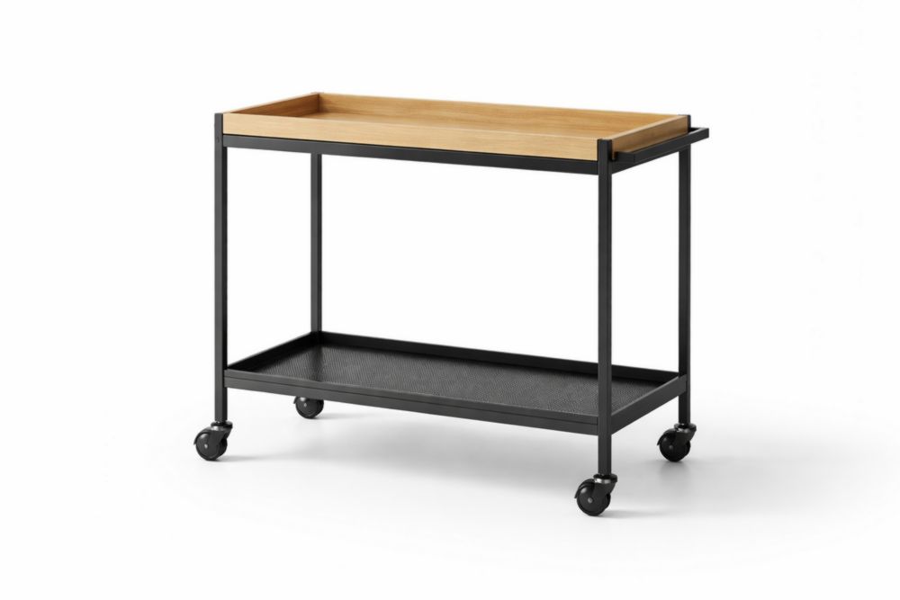 Carrello a Due Livelli in Alluminio Nero e Legno