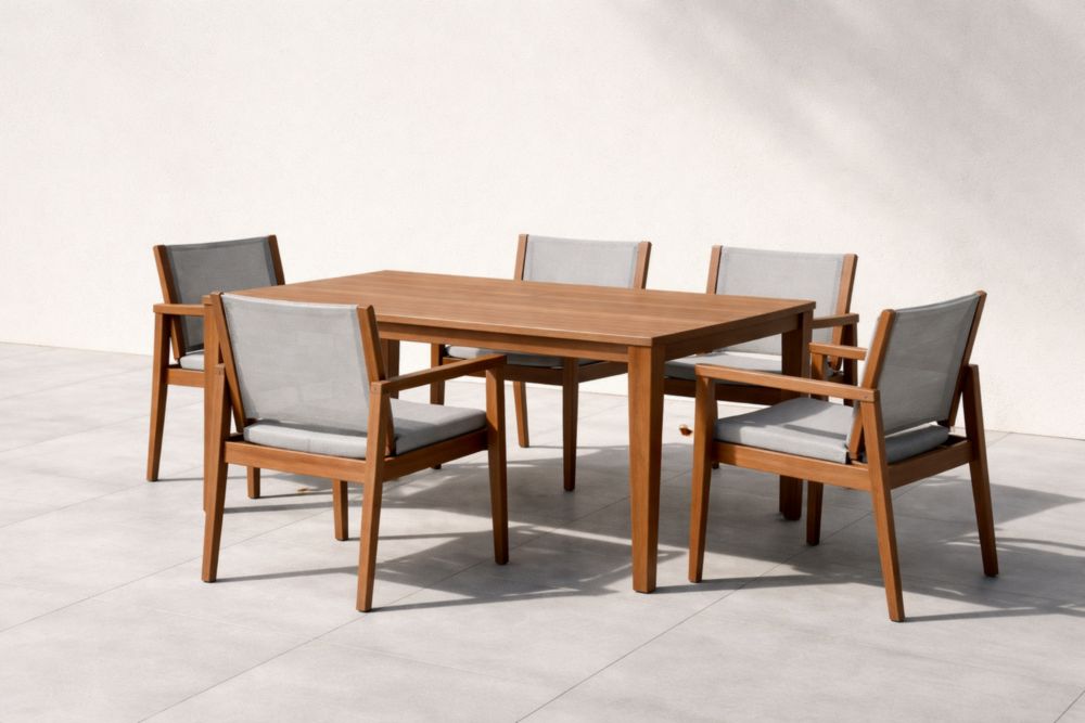 Set Tavolo e Sedie in Legno Massello con Cuscini Grigi