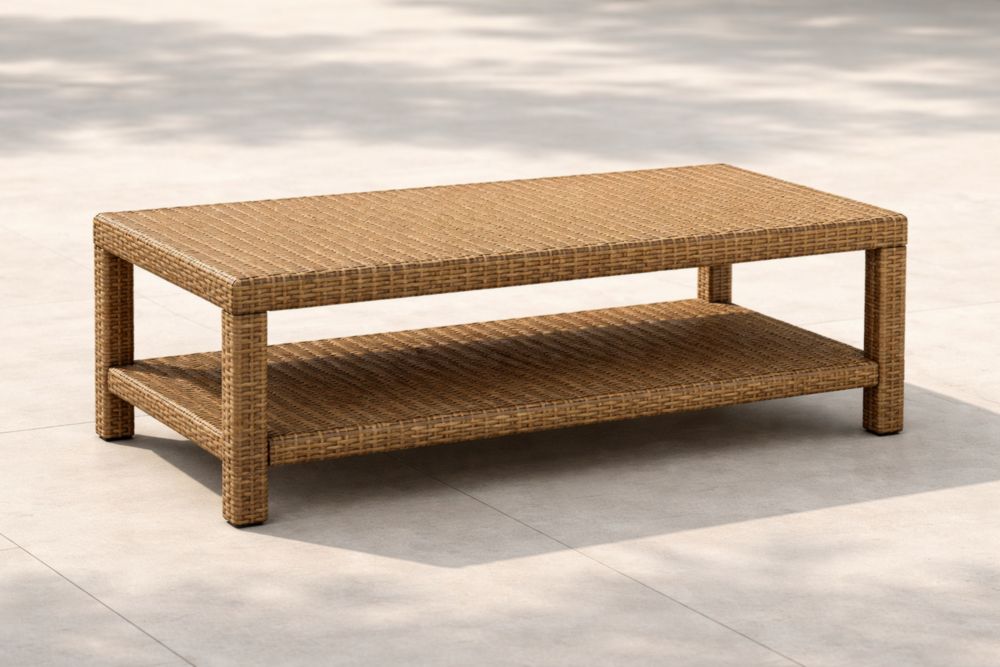 Tavolino rettangolare in rattan sintetico con ripiano aggiuntivo per esterno