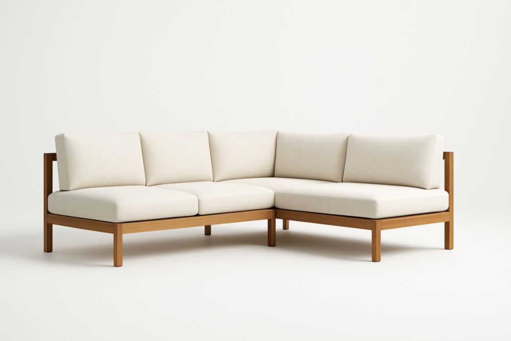 Divano Angolare in Legno e Tessuto Beige