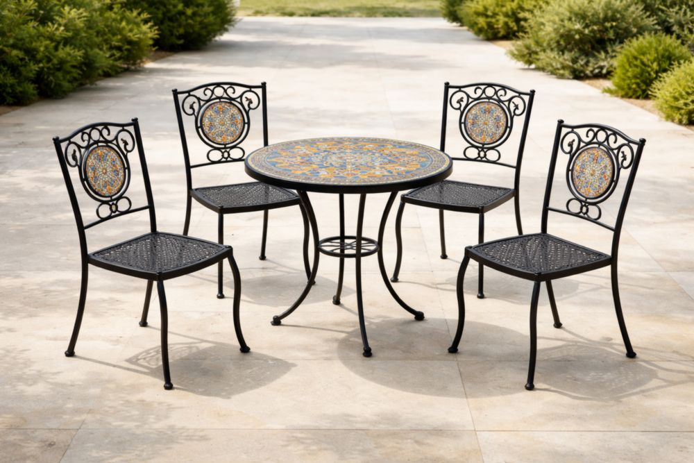Set tavolo e sedie da esterno in metallo con mosaico multicolore