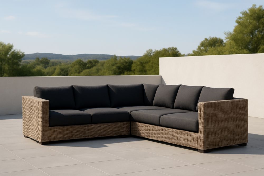 Divano angolare da esterno in rattan con cuscini in tessuto nero