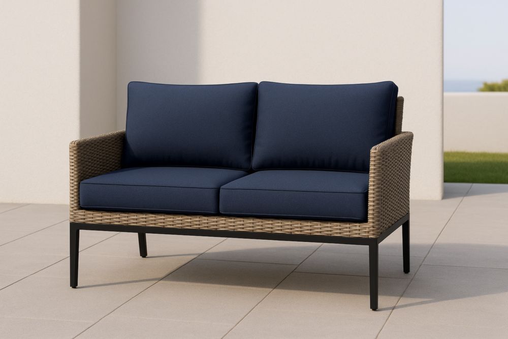 Divano da Esterno Due Posti Rattan con Cuscini in Poliestere Blu