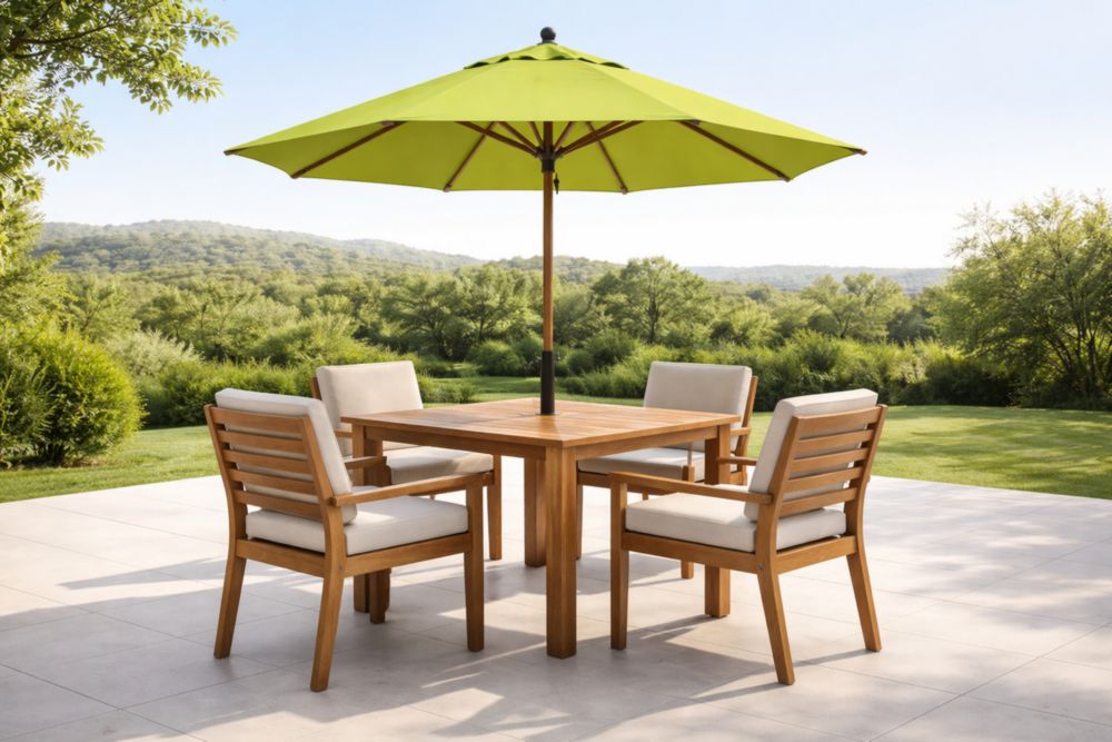 Set da Giardino con Tavolo Quadrato in Legno di Teak Cuscini Crema Ombrellone Verde