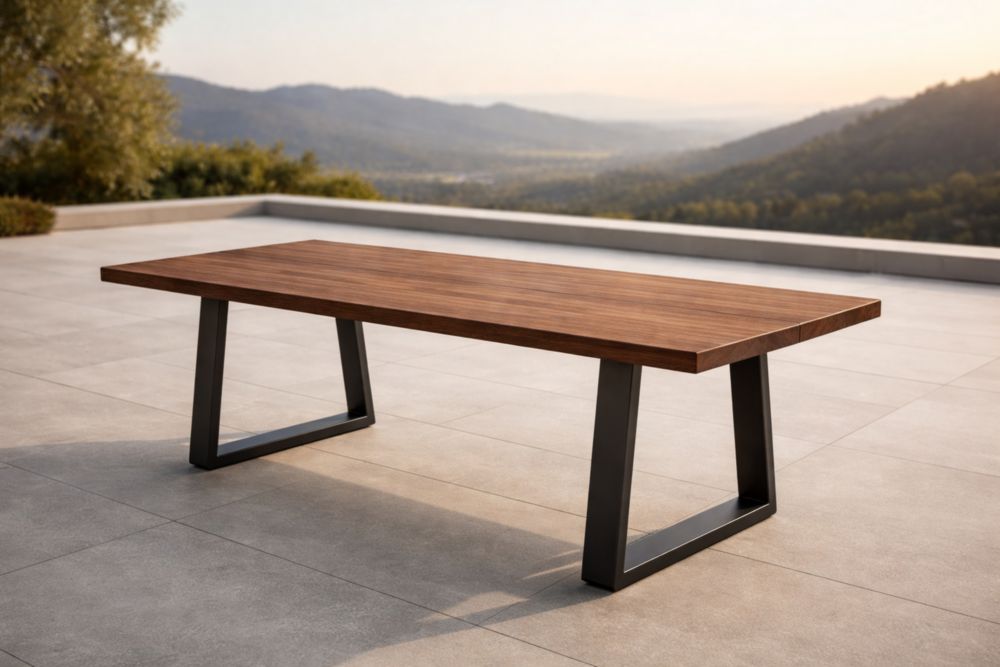 Tavolo rettangolare in legno massello noce con gambe in metallo nero