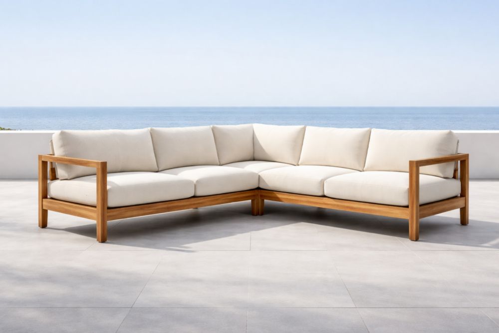 Divano angolare da esterno in legno teak e tessuto crema