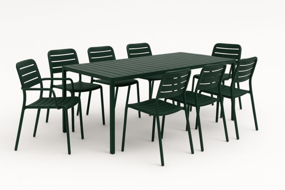 Set tavolo da pranzo all'aperto in metallo verde con 8 sedie