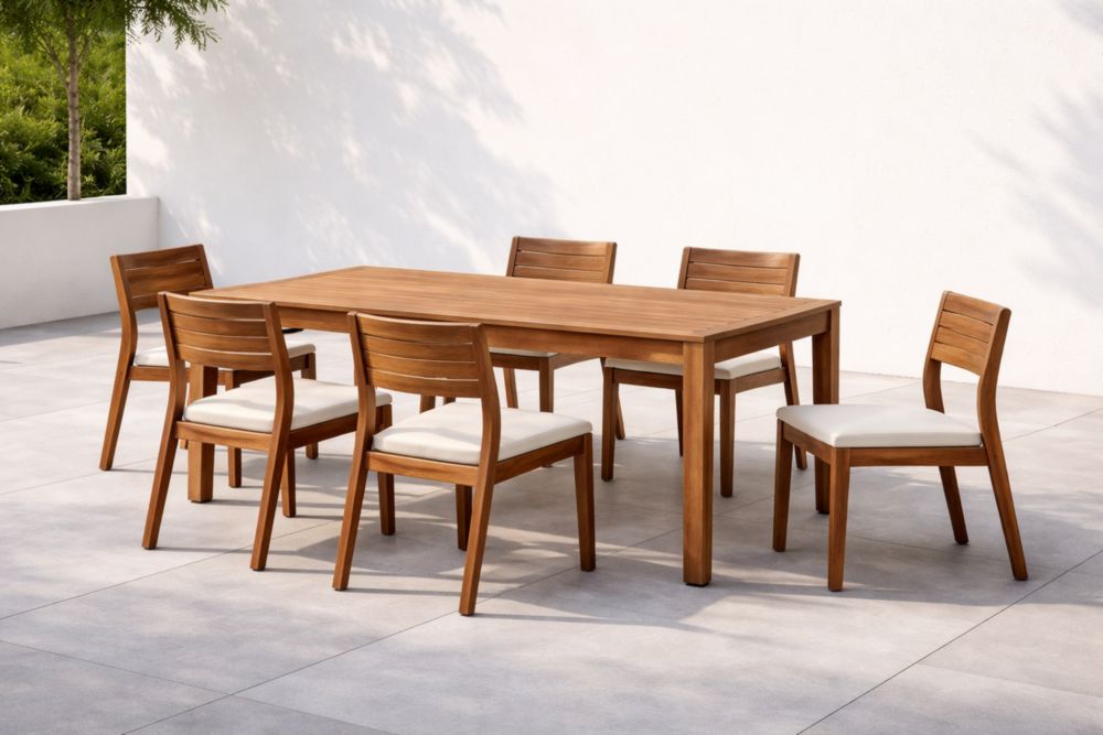 Set da Pranzo Esterno in Legno Teak con 6 Sedie e Tavolo Rettangolare