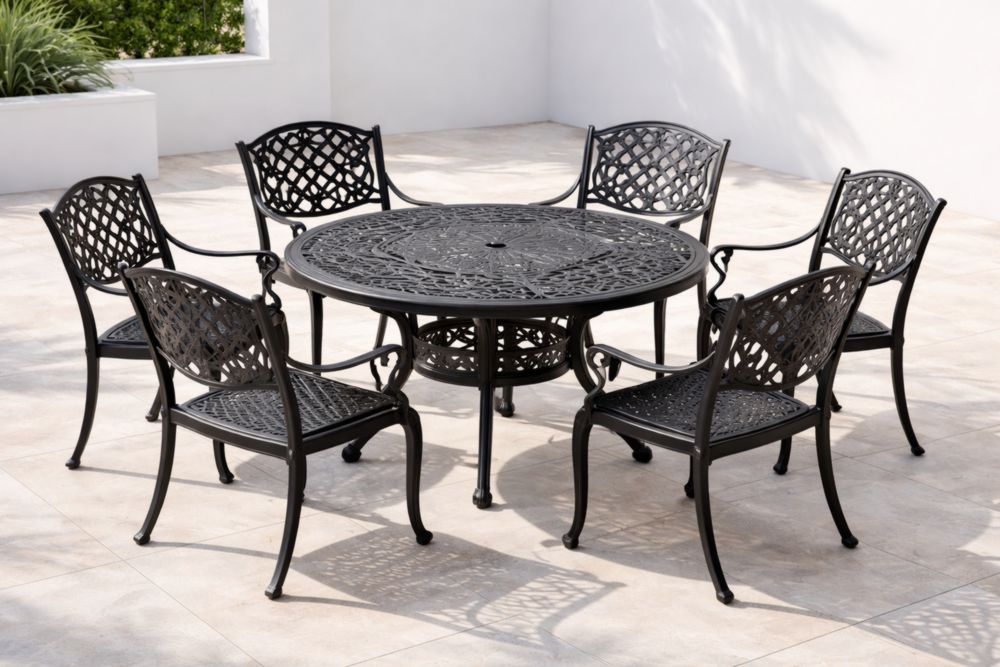 Set da Giardino in Alluminio con Tavolo Rotondo e 6 Sedie Nero