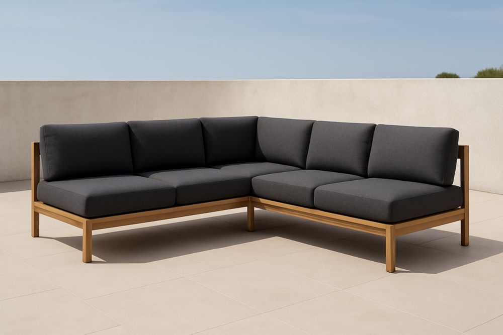 Divano angolare da esterno in legno teak con cuscini grigio scuro