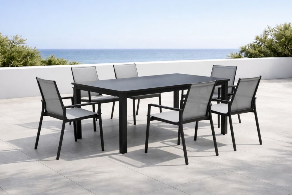 Set da Giardino Tavolo Rettangolare in Alluminio Nero e Sedie in Tessuto Grigio