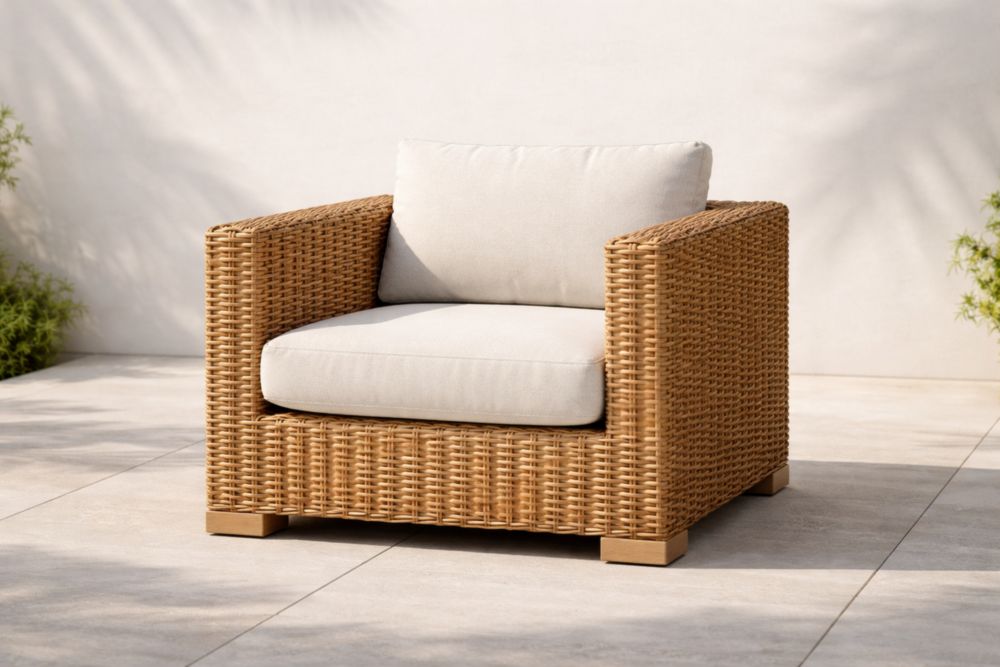 Poltrona in Rattan Sintetico con Cuscini di Poliestere Beige 85x85x65 cm