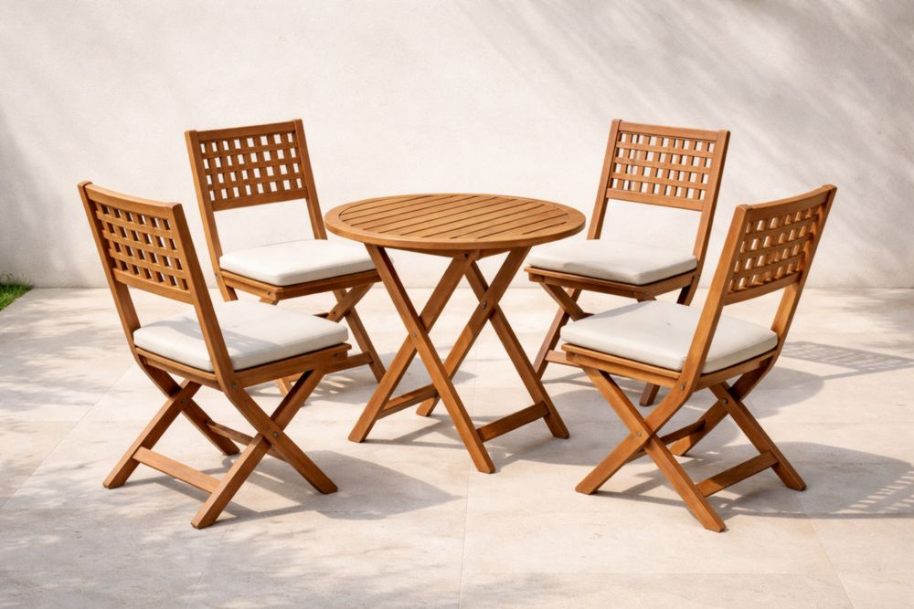 Set Tavolo da Giardino Rotondo in Legno di Acacia con Sedie Pieghevoli e Cuscini