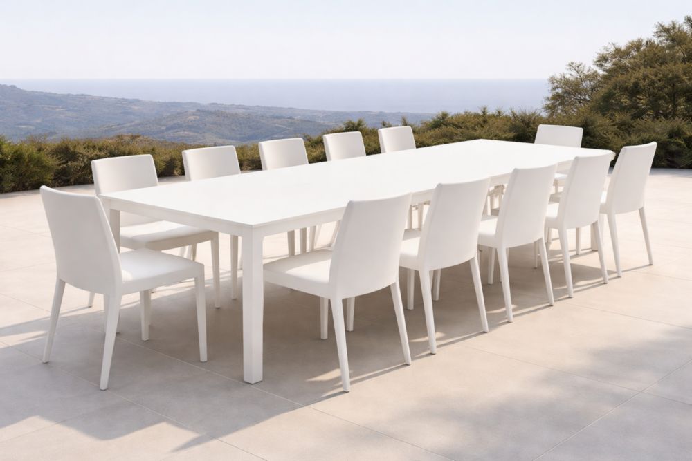 Set tavolo e sedie da esterno in plastica bianco 12 posti