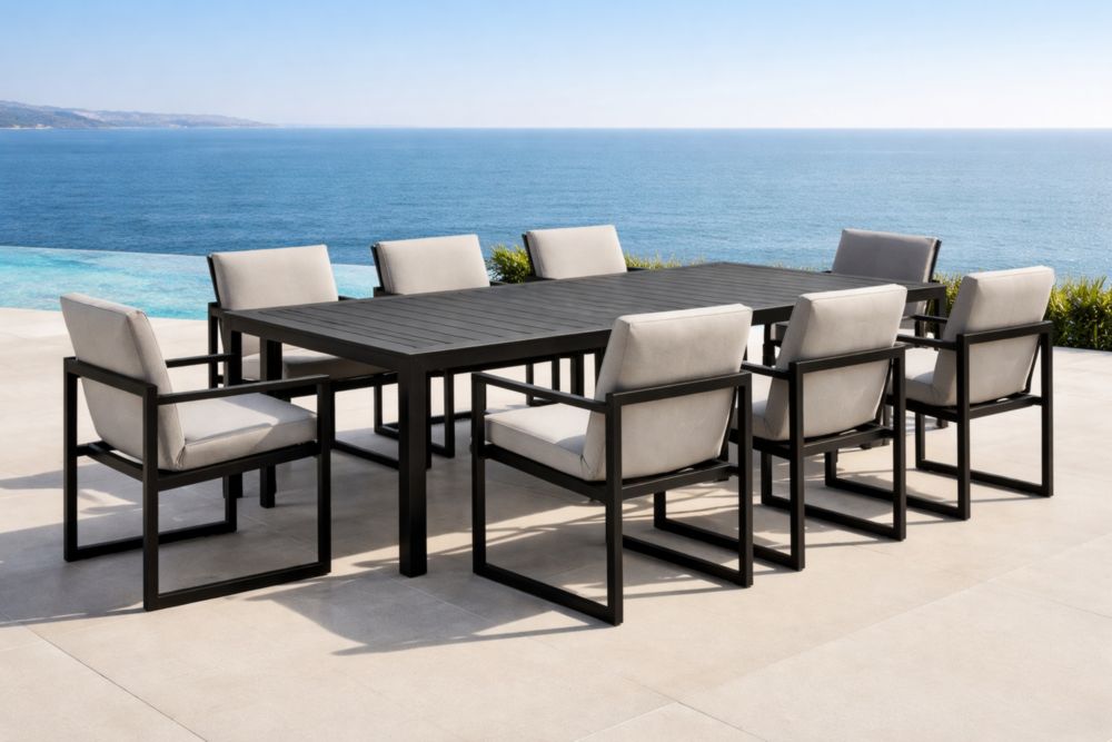Set Tavolo Rettangolare e 8 Sedie da Esterno in Alluminio Nero con Cuscini Grigio Chiaro