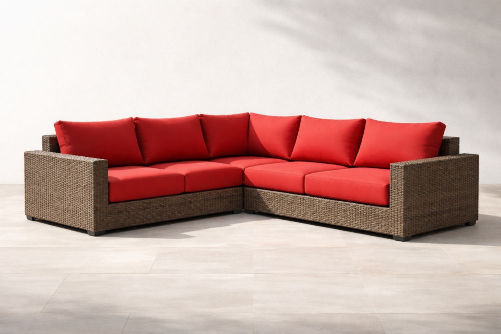 Divano Angolare in Rattan Sintetico con Cuscini Rossi