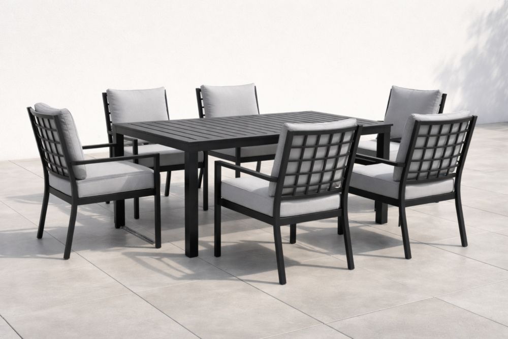 Set da Pranzo da Esterno in Alluminio con Cuscini Grigi, 6 Sedie e Tavolo Rettangolare