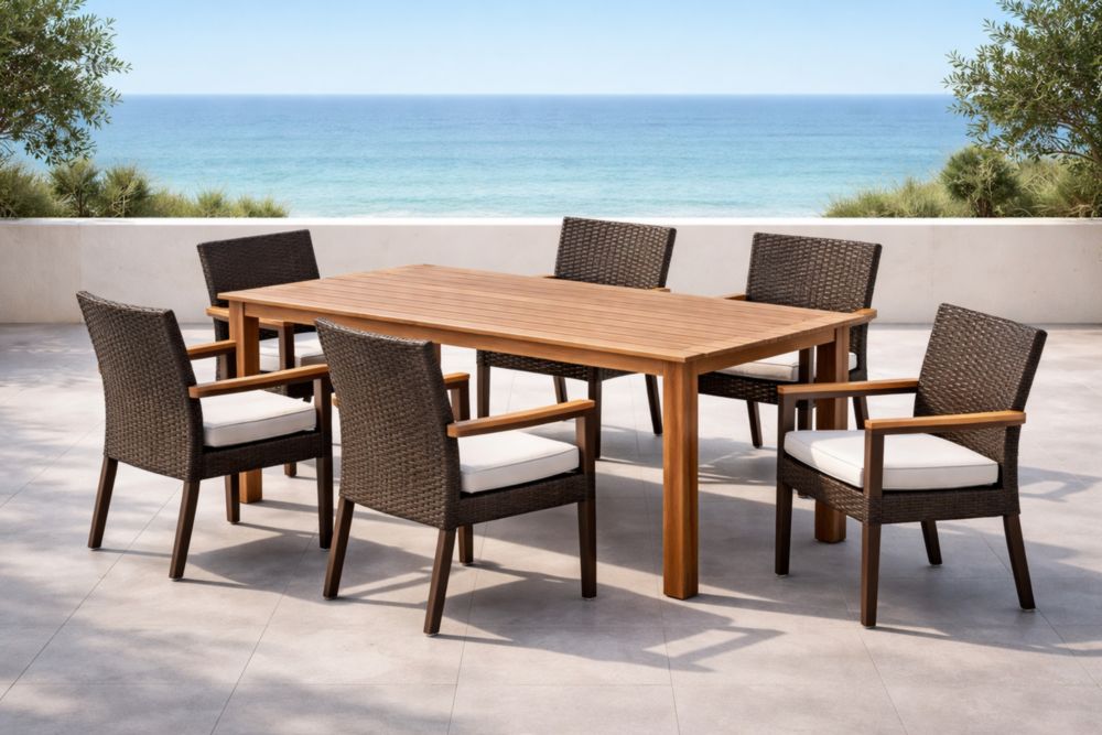 Set Pranzo da Esterno in Legno di Teak e Rattan Sintetico con 6 Sedie Cuscini Bianchi Tavolo 200x100x75 cm