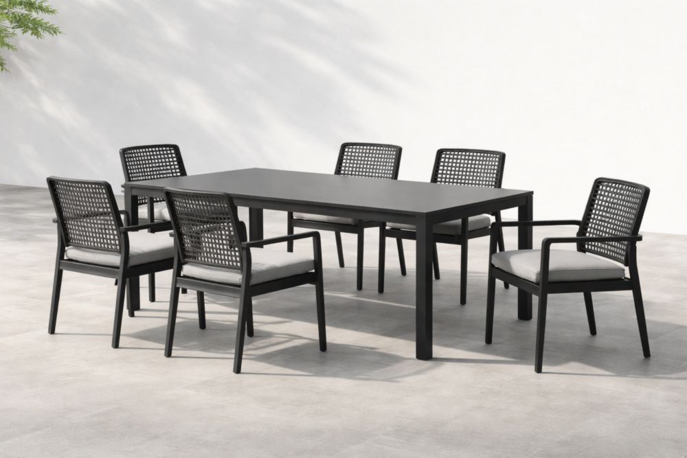 Set tavolo da pranzo nero con 6 sedie in alluminio e resina intrecciata